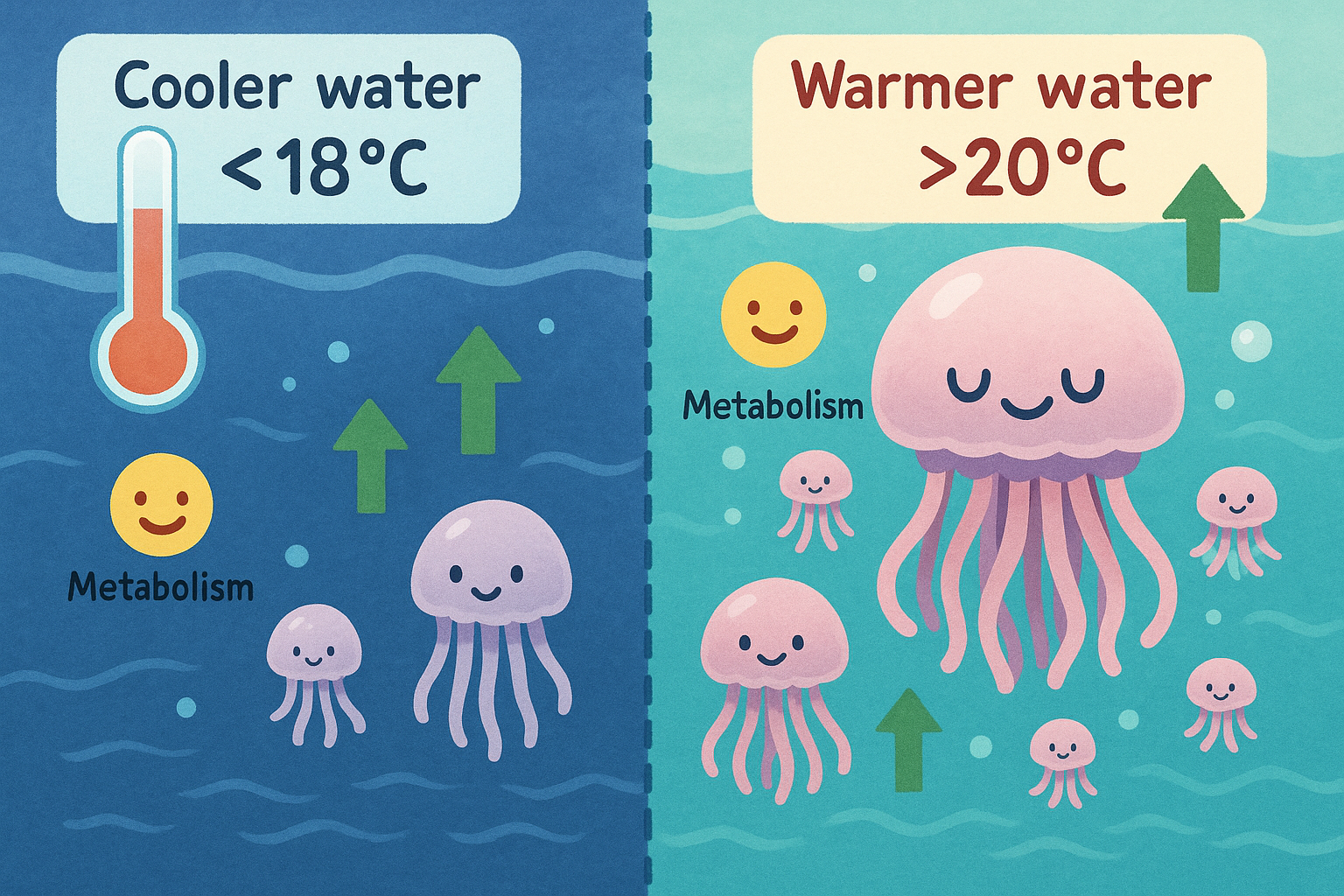 海水温上昇がクラゲの成長に与える影響を示した教育的イラスト