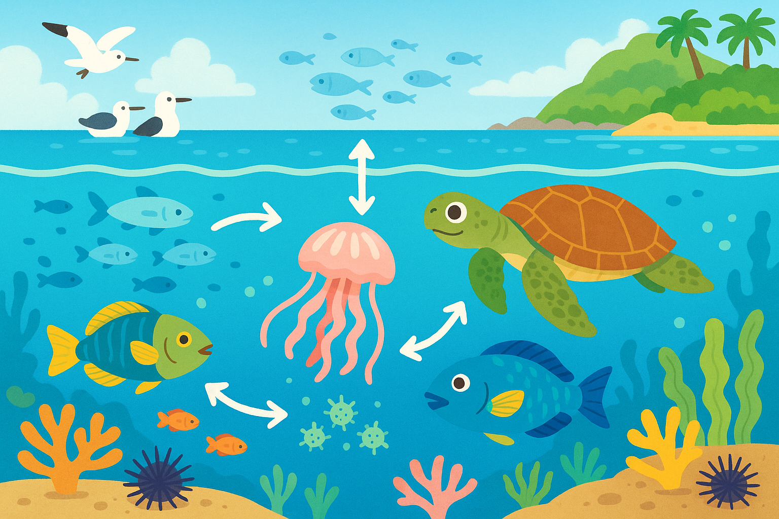 海の生態系バランスとクラゲの役割を示した横長イラスト