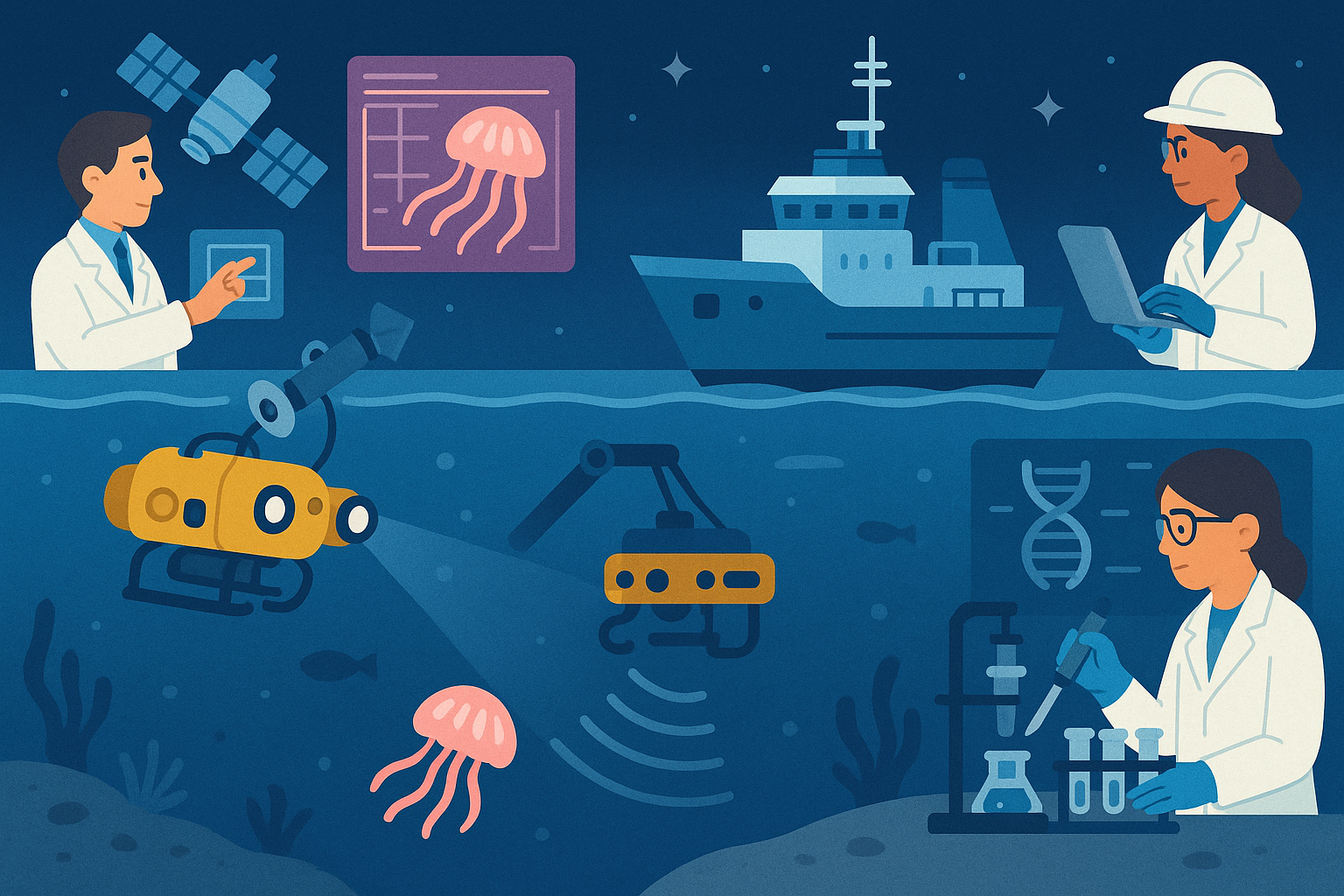 海洋研究で使用される最新技術を描いた横長イラスト