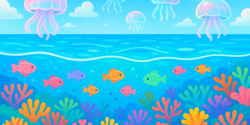 沖縄の美しい青い海に大量のクラゲが浮遊している様子を描いた横長のイラスト