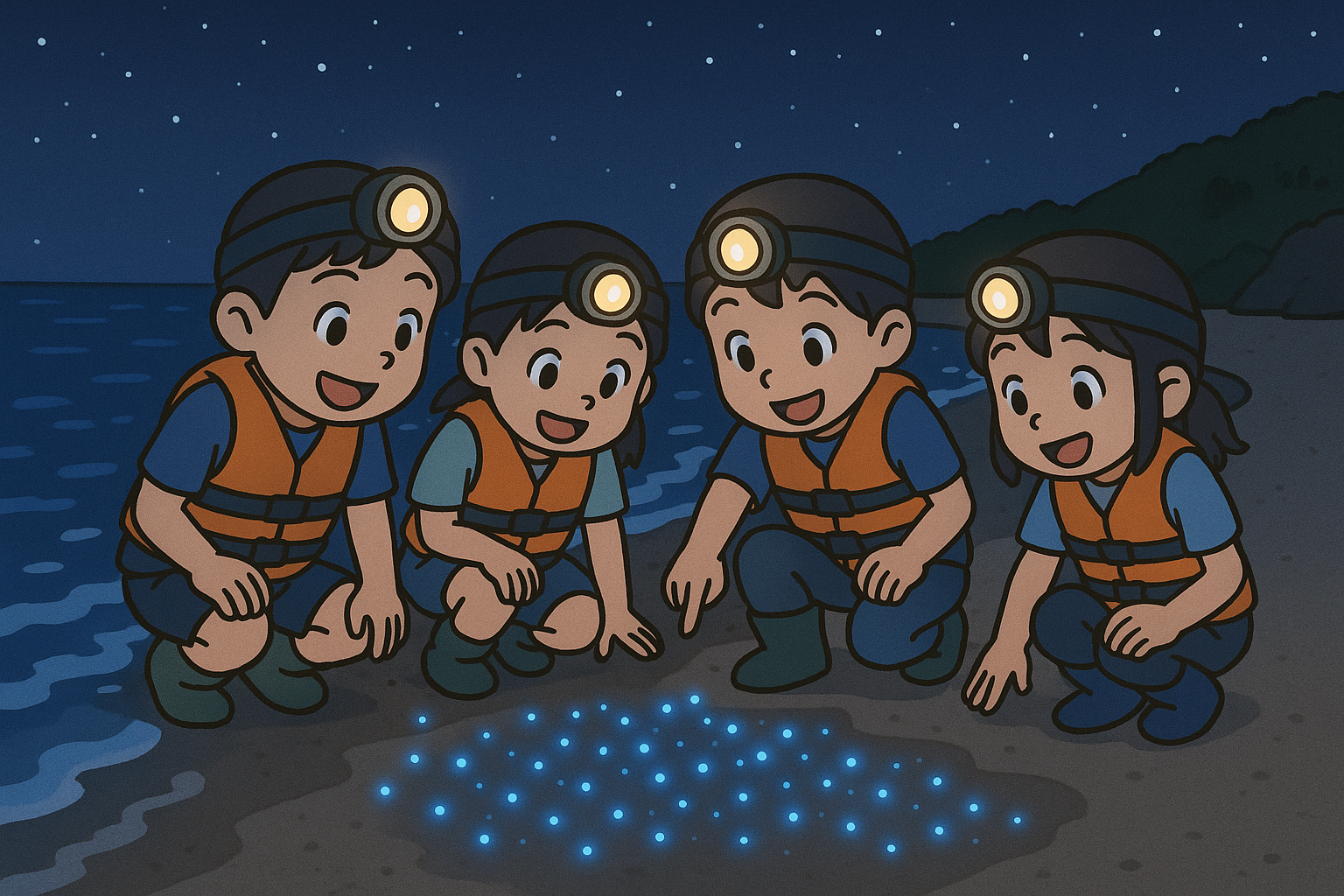 子供たちが安全装備を身につけて夜の海岸でウミホタル観察をするイラスト