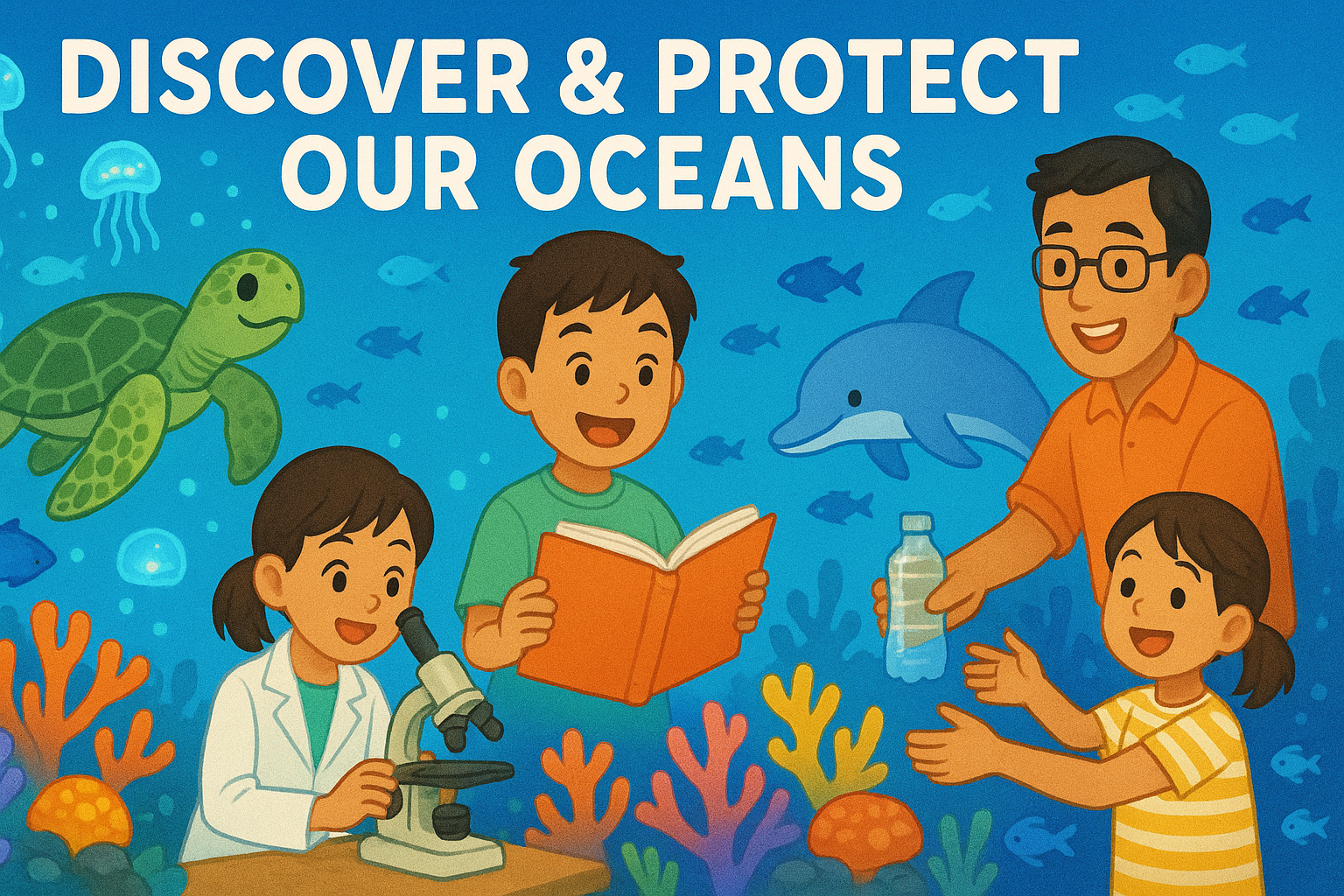 海の発光生物から学んだ科学と環境保護の大切さを表現するイラスト