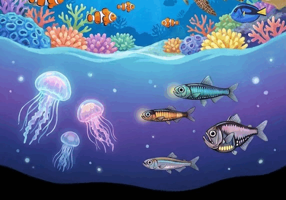 深海の世界を縦に表現したイラスト。画面上部は太陽光が差し込む明るい青い海に熱帯魚やサンゴ礁、中間は薄暗い青紫色のトワイライトゾーンにクラゲや発光する魚、下部は真っ暗な深海にチョウチンアンコウが光っている場面。沖縄の海をイメージした美しいグラデーション。子供向け教育イラスト。 ### スタイル指定 - テイスト: 子供向け海洋教育イラスト - 品質: high-quality digital illustration - カラー: ocean blue gradient from bright to dark - トーン: educational and wonder-inspiring - サイズ: 1600x900px - テキスト: no text