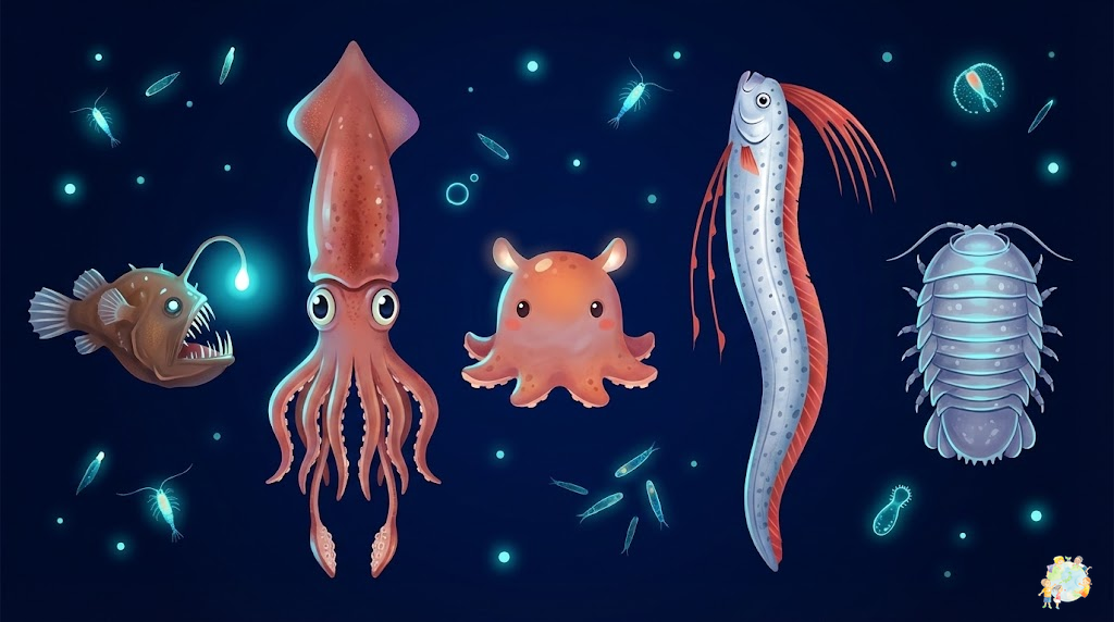 さまざまな深海生物が暗い海の中で暮らしている様子のイラスト