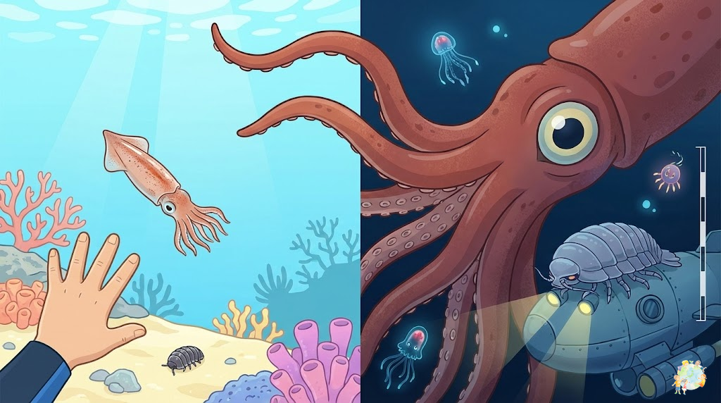 浅い海の生き物と深海の巨大な生き物を比較するイラスト