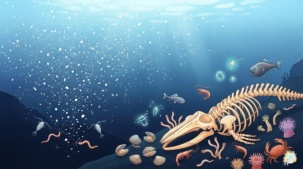 深海に降り注ぐマリンスノーと鯨骨に群がる生き物たちのイラスト