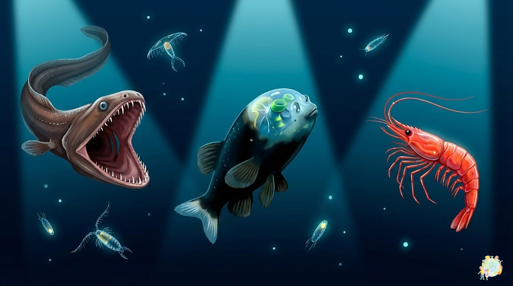 深海生物の体の構造と水圧への適応を示すイラスト