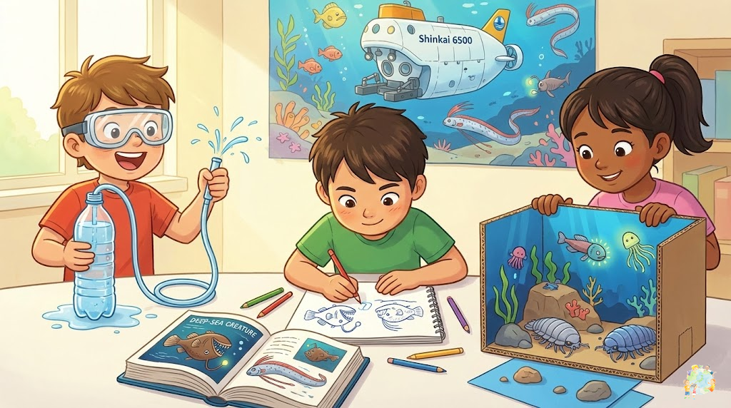 子供たちが深海の自由研究に取り組んでいるイラスト