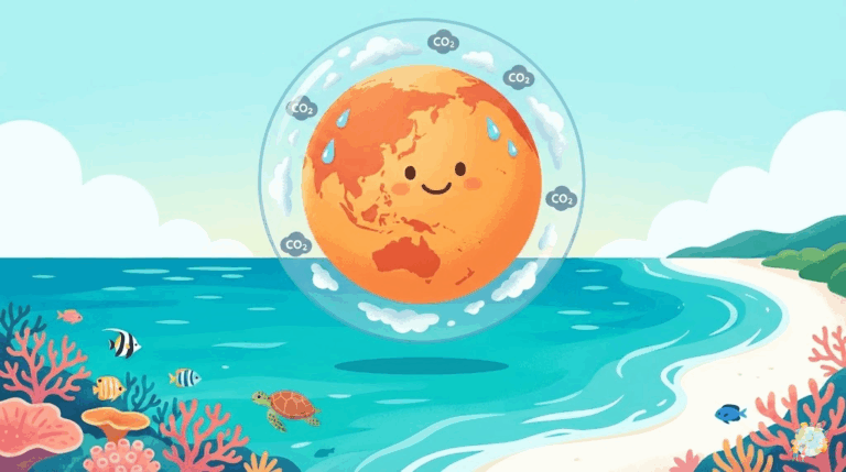 地球温暖化と海面上昇をテーマにしたメインビジュアル。美しい沖縄のエメラルドグリーンの海と白い砂浜を背景に、地球が温まっている様子を表現。地球の周りに温室効果ガスの層があり、海面が少し上がっている様子。子供向けの教育イラスト風で、明るく希望のあるトーン。サンゴ礁や熱帯魚も小さく描かれている。 ### スタイル指定 - テイスト: 子供向け環境教育イラスト - 品質: high-quality digital illustration - カラー: ocean blue, coral pink, warm orange accents - トーン: educational and hopeful - サイズ: 1600x900px - テキスト: no text