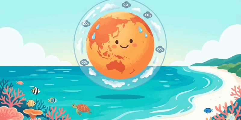 地球温暖化と海面上昇をテーマにしたメインビジュアル。美しい沖縄のエメラルドグリーンの海と白い砂浜を背景に、地球が温まっている様子を表現。地球の周りに温室効果ガスの層があり、海面が少し上がっている様子。子供向けの教育イラスト風で、明るく希望のあるトーン。サンゴ礁や熱帯魚も小さく描かれている。 ### スタイル指定 - テイスト: 子供向け環境教育イラスト - 品質: high-quality digital illustration - カラー: ocean blue, coral pink, warm orange accents - トーン: educational and hopeful - サイズ: 1600x900px - テキスト: no text