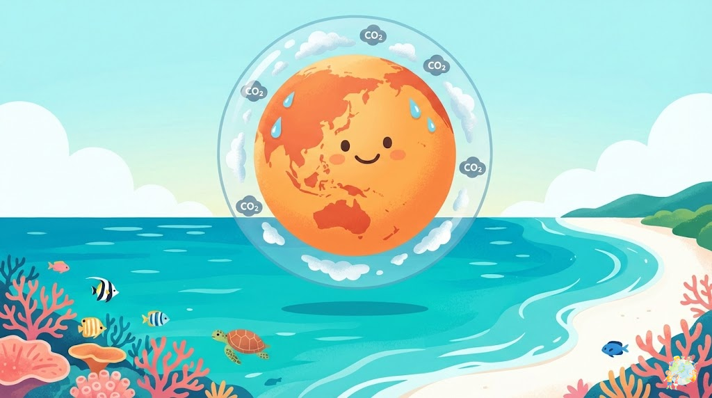 地球温暖化と海のイメージ：暖かくなった地球と上昇する海面のメインビジュアル