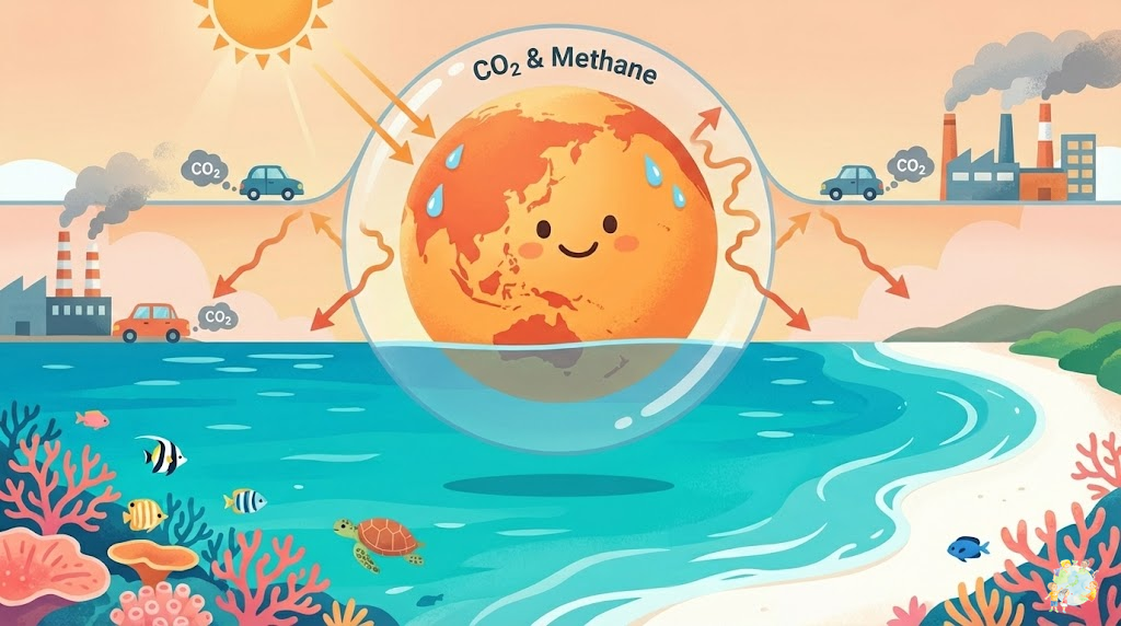 温室効果のしくみを子供向けに図解したイラスト：太陽の熱と温室効果ガスの毛布