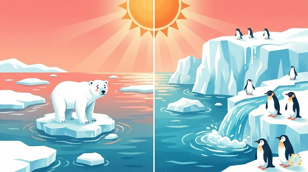 北極・南極の氷が融解しているイメージイラスト：崩れ落ちる氷山と白くまやペンギン