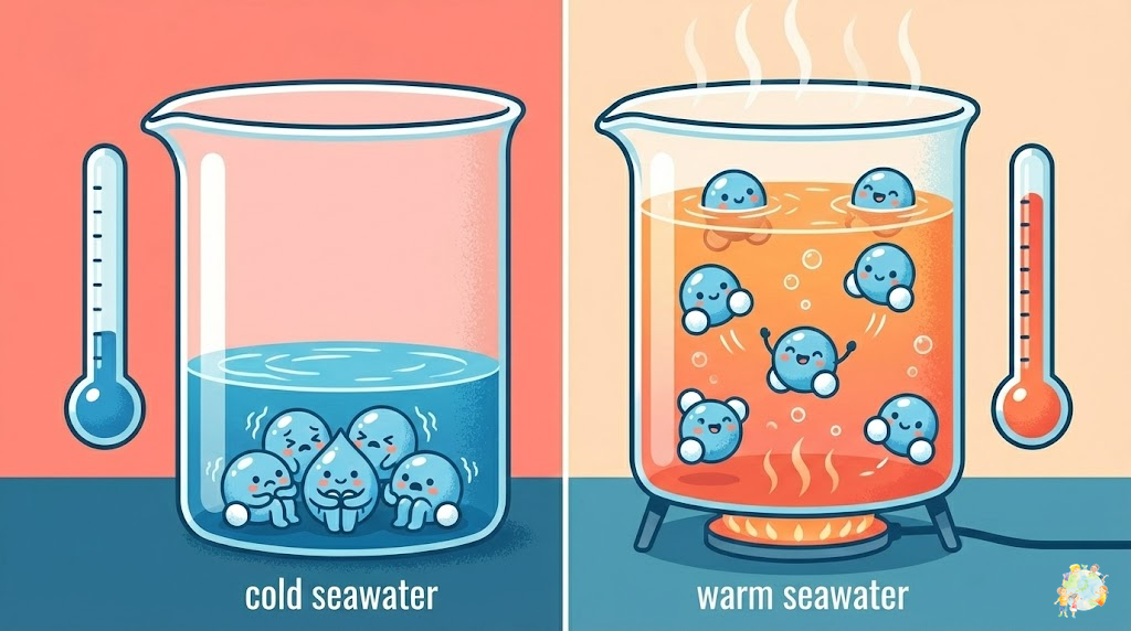 海水の熱膨張のしくみ図解：温められた水の分子が広がるイメージ