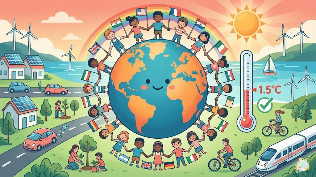 パリ協定と世界の温暖化対策のイメージイラスト：各国が協力するようす