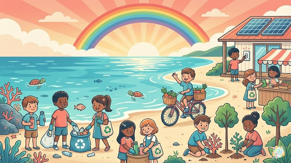 子供たちがエコアクションに取り組むイメージイラスト：省エネや植樹をする子どもたち