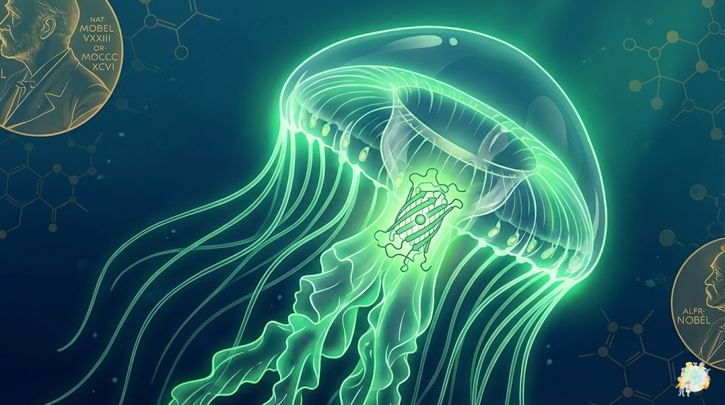A scientific illustration of glowing Aequorea victoria jellyfish with visible green fluorescent prot