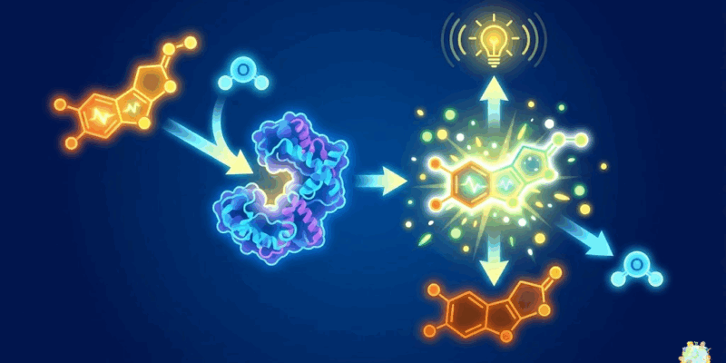 A diagram-style illustration showing the bioluminescence mechanism with luciferin and luciferase che