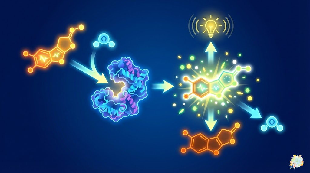 A diagram-style illustration showing the bioluminescence mechanism with luciferin and luciferase che