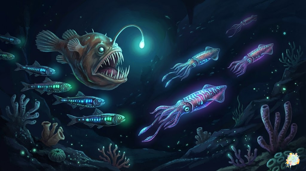 A dramatic deep sea scene with multiple bioluminescent creatures including anglerfish, lanternfish,