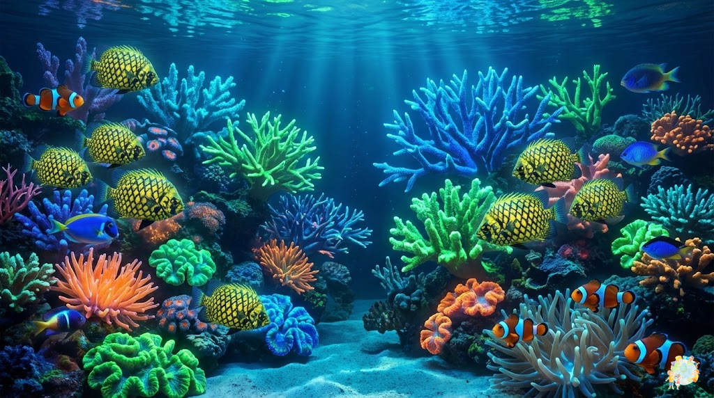A beautiful underwater scene of Okinawa coral reefs with fluorescent corals and pineapple fish (Mats