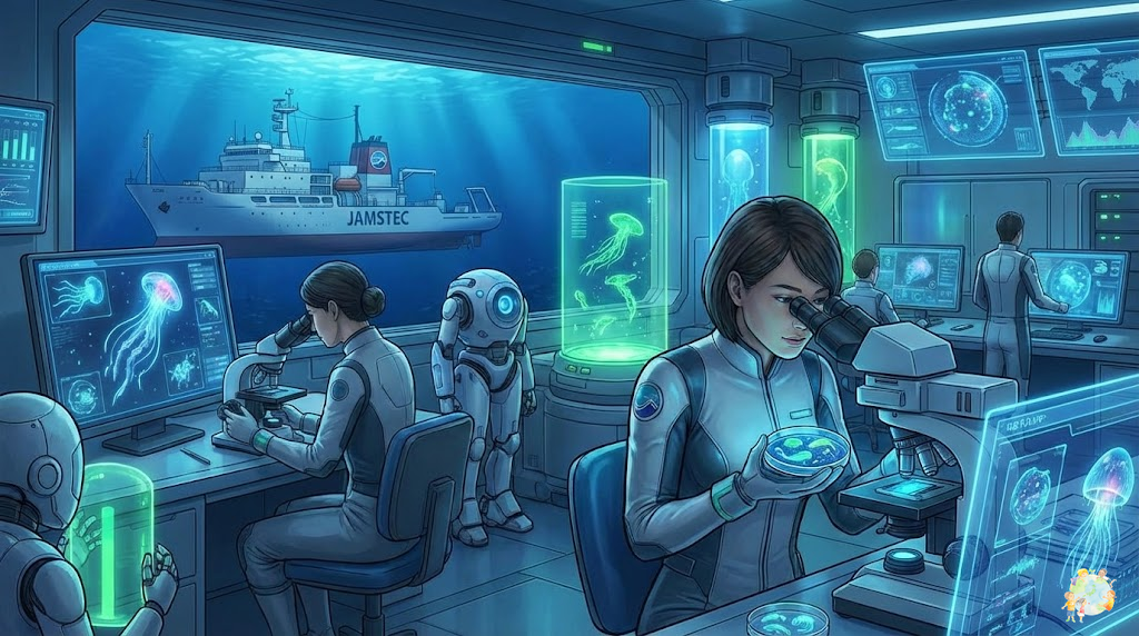 A modern research laboratory scene showing scientists discovering new bioluminescent species with mi