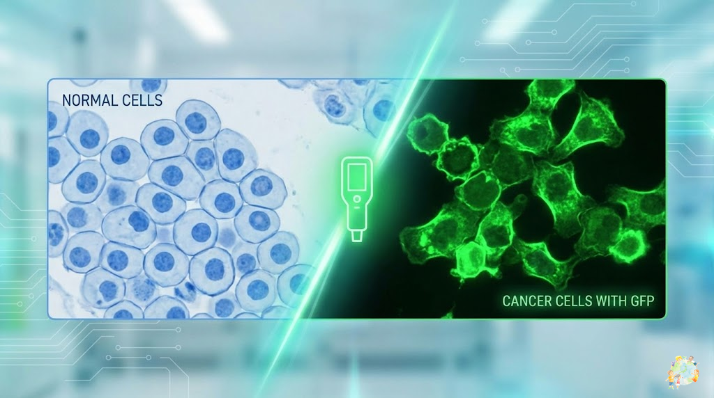 A medical application illustration showing GFP fluorescent protein being used to detect cancer cells
