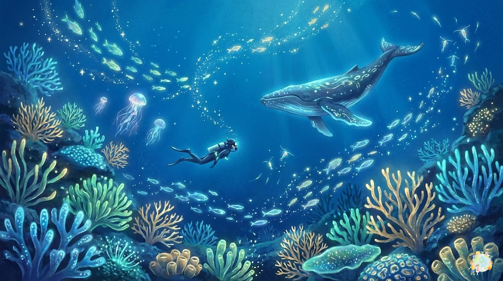An inspiring illustration of ocean conservation with bioluminescent creatures, horizontal landscape,