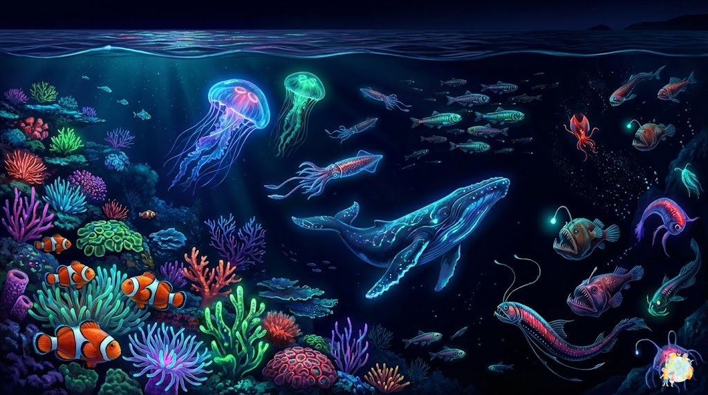 A panoramic view of diverse bioluminescent and fluorescent marine organisms from shallow coral reefs