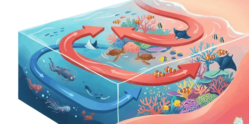 海の中に見えない大きな川が流れている様子を描いた教育イラスト。透明な海の断面図で、矢印で海流の動きを示す。暖かい赤い流れと冷たい青い流れが表現されている。沖縄のサンゴ礁と熱帯魚も描かれている。 ### スタイル指定 - テイスト: 子供向け教育イラスト、明るく親しみやすい - 品質: high-quality digital art - カラー: オーシャンブルーとコーラルピンクのグラデーション - トーン: 楽しく学べる雰囲気 - サイズ: 1600x900px - テキスト: no text