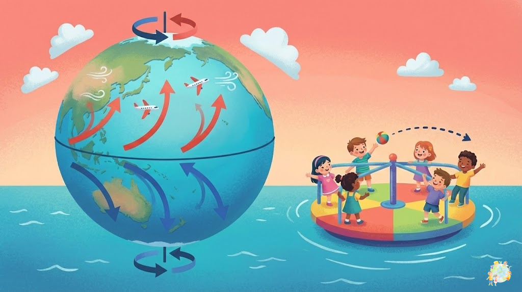 風が海の表面を押して海流を生み出すイラスト