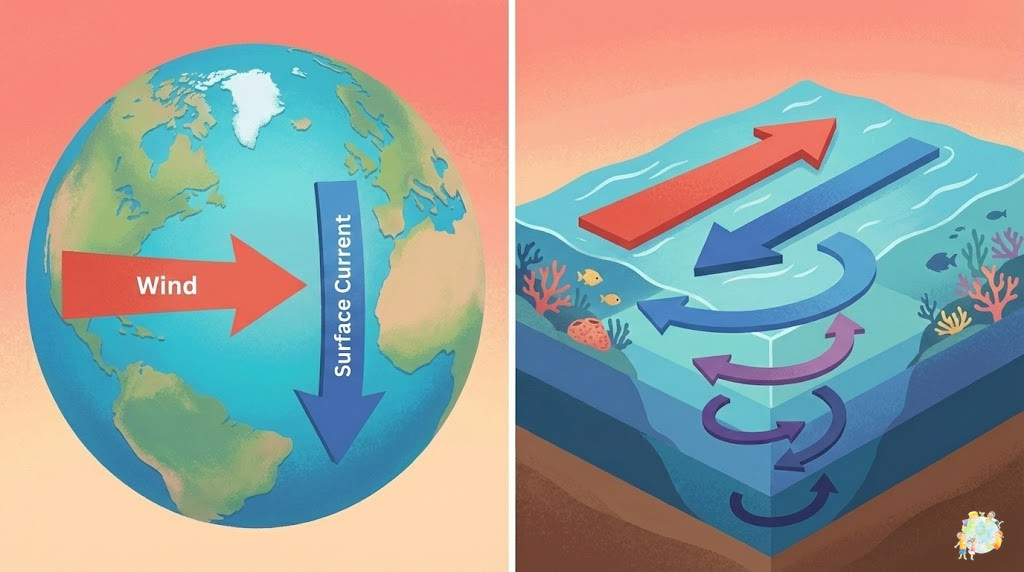 地球の自転とコリオリの力を説明するイラスト