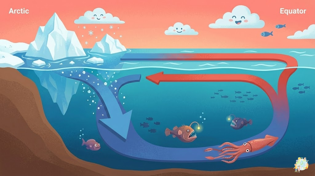 温度と塩分による海水の密度差を説明するイラスト