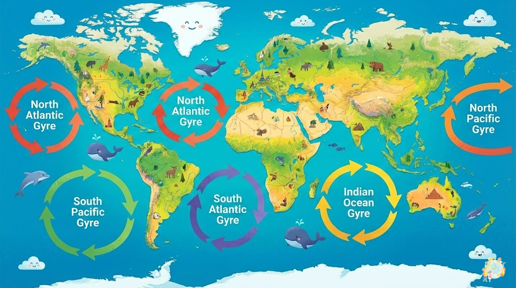 世界の5大環流を示す地図イラスト