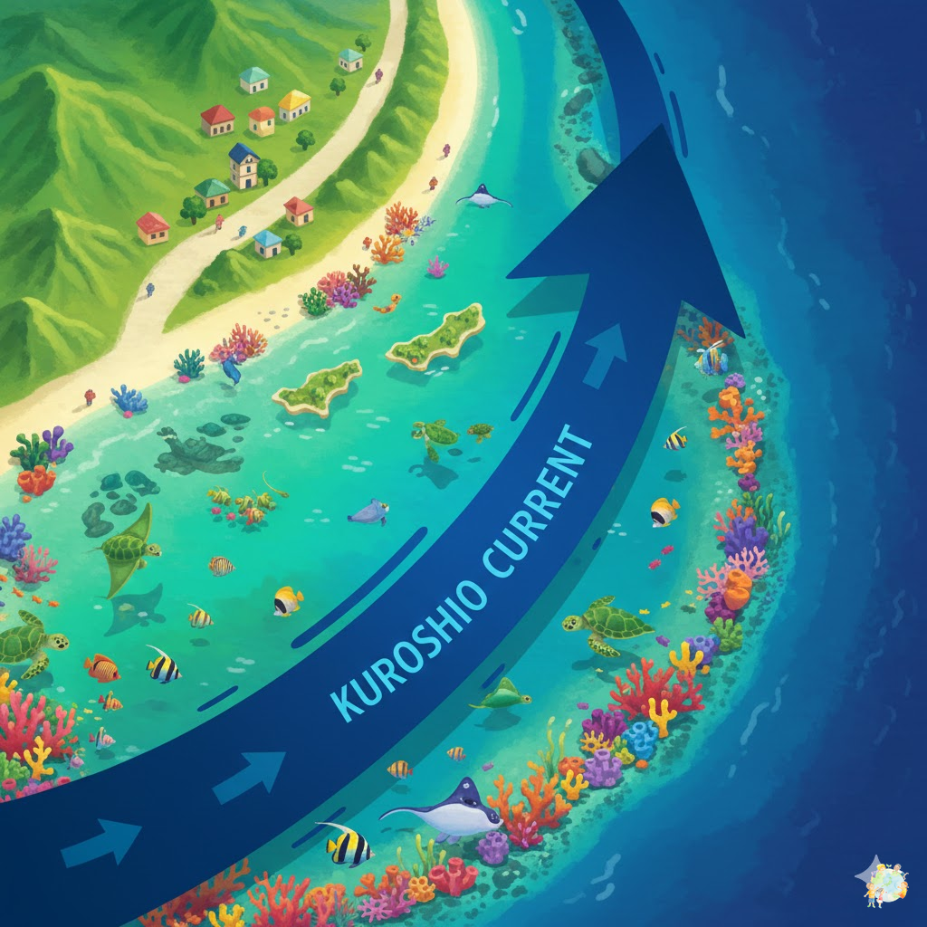 黒潮が沖縄の近くを流れる様子のイラスト