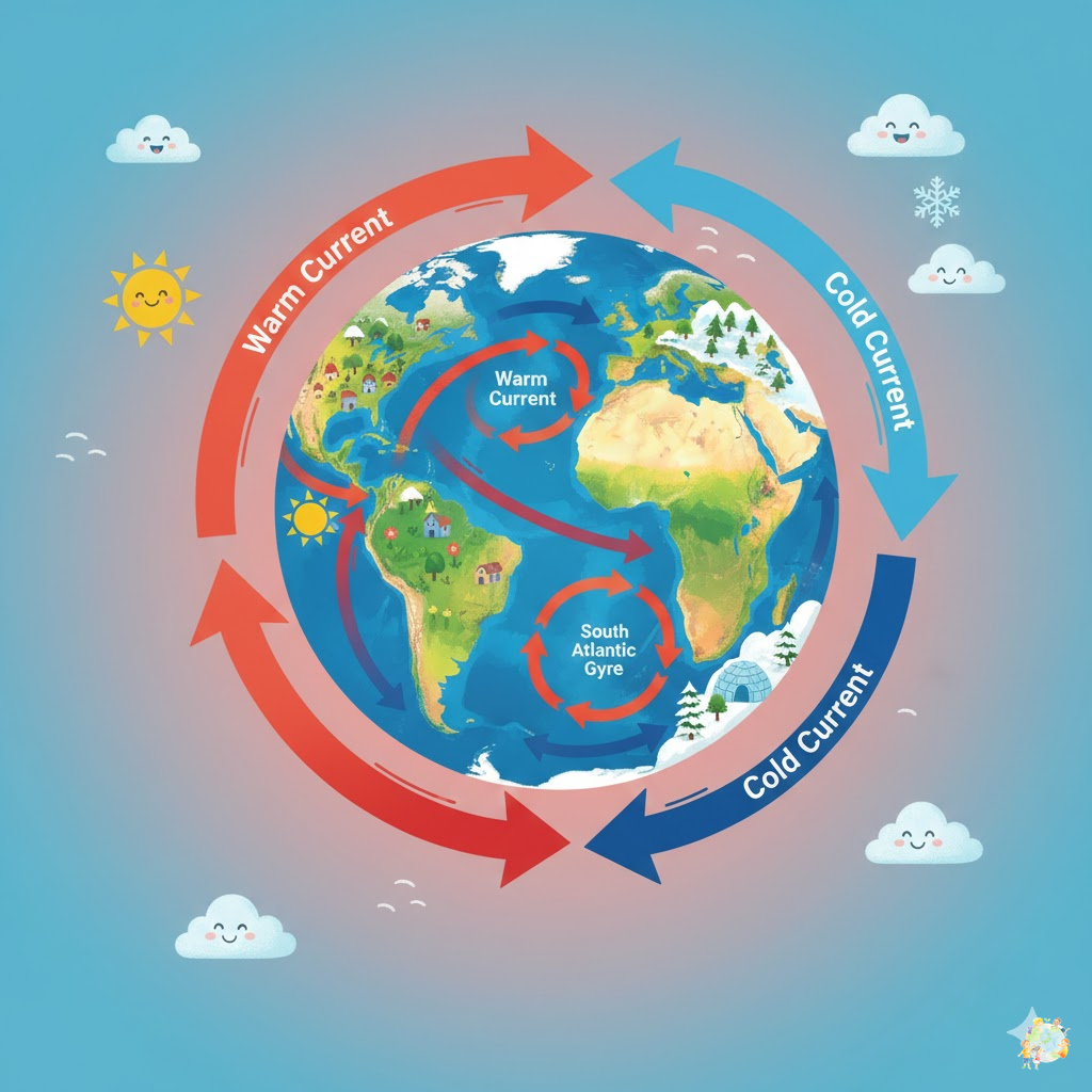 海流が世界の気候に影響を与える様子のイラスト