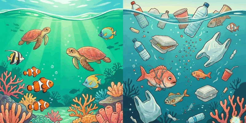美しい沖縄の海にプラスチックゴミが漂っている衝撃的な対比イラスト。画面左半分は透き通ったエメラルドグリーンの海にサンゴ礁と熱帯魚が泳ぐ美しい風景、右半分はペットボトルやレジ袋などのプラスチックゴミが浮かぶ汚れた海。子供向け教育イラスト風。 ### スタイル指定 - テイスト: 子供向け環境教育イラスト - 品質: high-quality digital illustration - カラー: ocean blue and coral pink contrast - トーン: educational and impactful - サイズ: 1600x900px - テキスト: no text