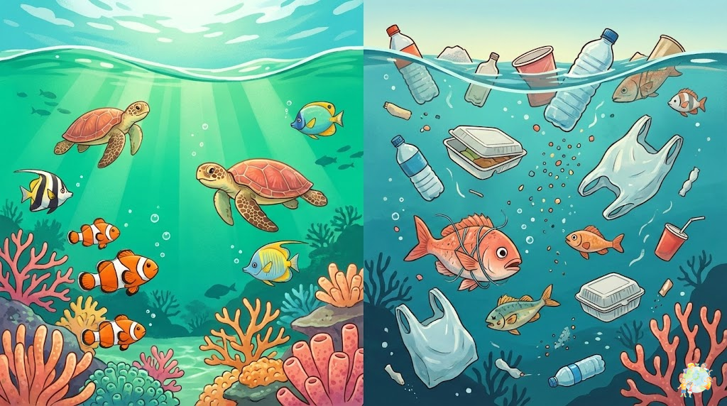 プラスチックで汚染された海岸の現実を示すイラスト