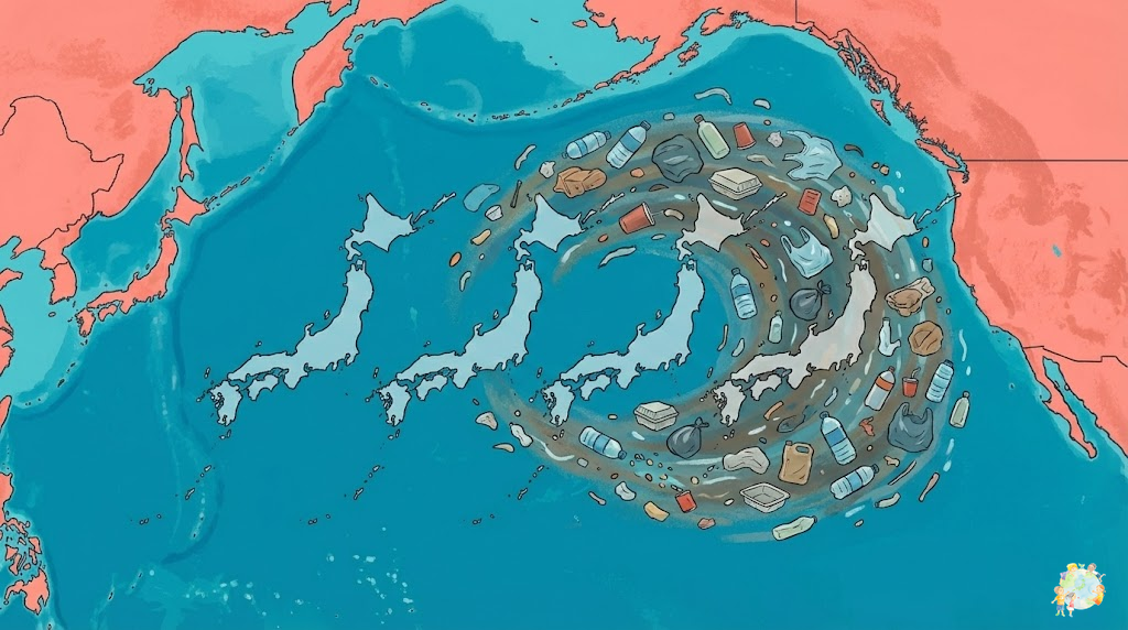 太平洋ゴミベルトの位置と規模を示すイラスト