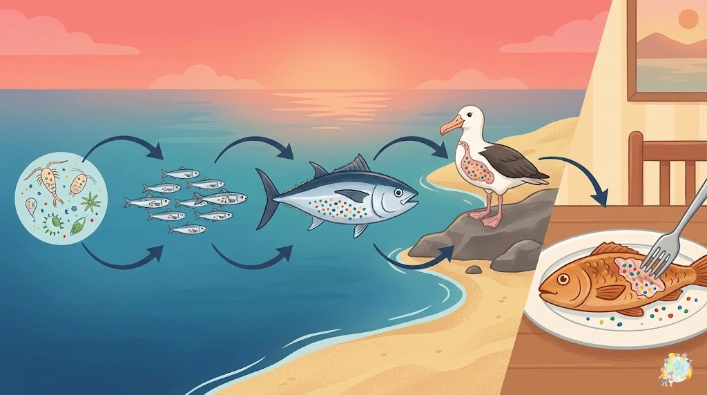 食物連鎖を通じてマイクロプラスチックが人間に届くイラスト