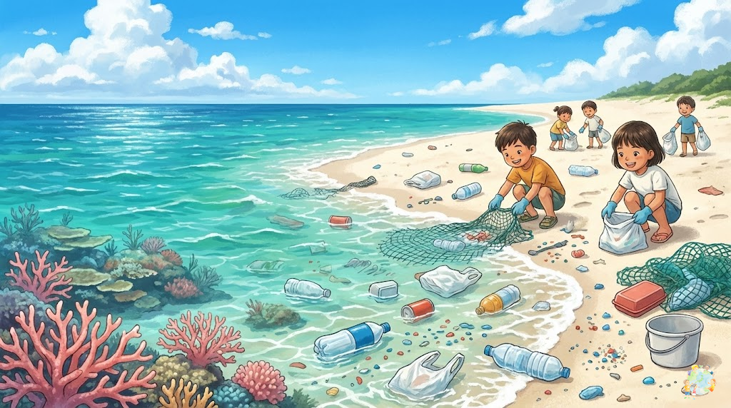 沖縄のビーチとプラスチック問題を示すイラスト