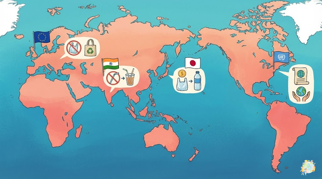 世界と日本のプラスチック対策を示すイラスト