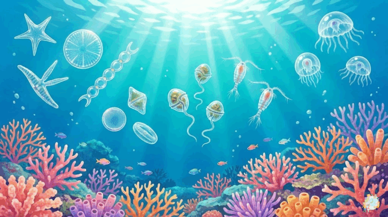 沖縄の透明な海の中で、太陽光が差し込む水面近くに色とりどりの小さなプランクトンたちが漂っている様子。植物プランクトンの珪藻（ガラスのような美しい殻）、渦鞭毛藻、動物プランクトンのカイアシ類やクラゲの幼生が描かれ、背景にはサンゴ礁と小さな魚たちが見える。全体的に明るく美しいイメージ。 ### スタイル指定 - テイスト: 子供向け海洋教育イラスト、ファンタジックで美しい水中世界 - 品質: high-quality digital art, vibrant colors - カラー: オーシャンブルーとターコイズの濃淡、サンゴのコーラルピンク - トーン: 明るく、ワクワクする、教育的 - サイズ: 1600x900px - テキスト: no text