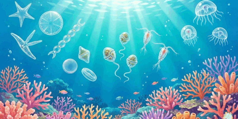 沖縄の透明な海の中で、太陽光が差し込む水面近くに色とりどりの小さなプランクトンたちが漂っている様子。植物プランクトンの珪藻（ガラスのような美しい殻）、渦鞭毛藻、動物プランクトンのカイアシ類やクラゲの幼生が描かれ、背景にはサンゴ礁と小さな魚たちが見える。全体的に明るく美しいイメージ。 ### スタイル指定 - テイスト: 子供向け海洋教育イラスト、ファンタジックで美しい水中世界 - 品質: high-quality digital art, vibrant colors - カラー: オーシャンブルーとターコイズの濃淡、サンゴのコーラルピンク - トーン: 明るく、ワクワクする、教育的 - サイズ: 1600x900px - テキスト: no text