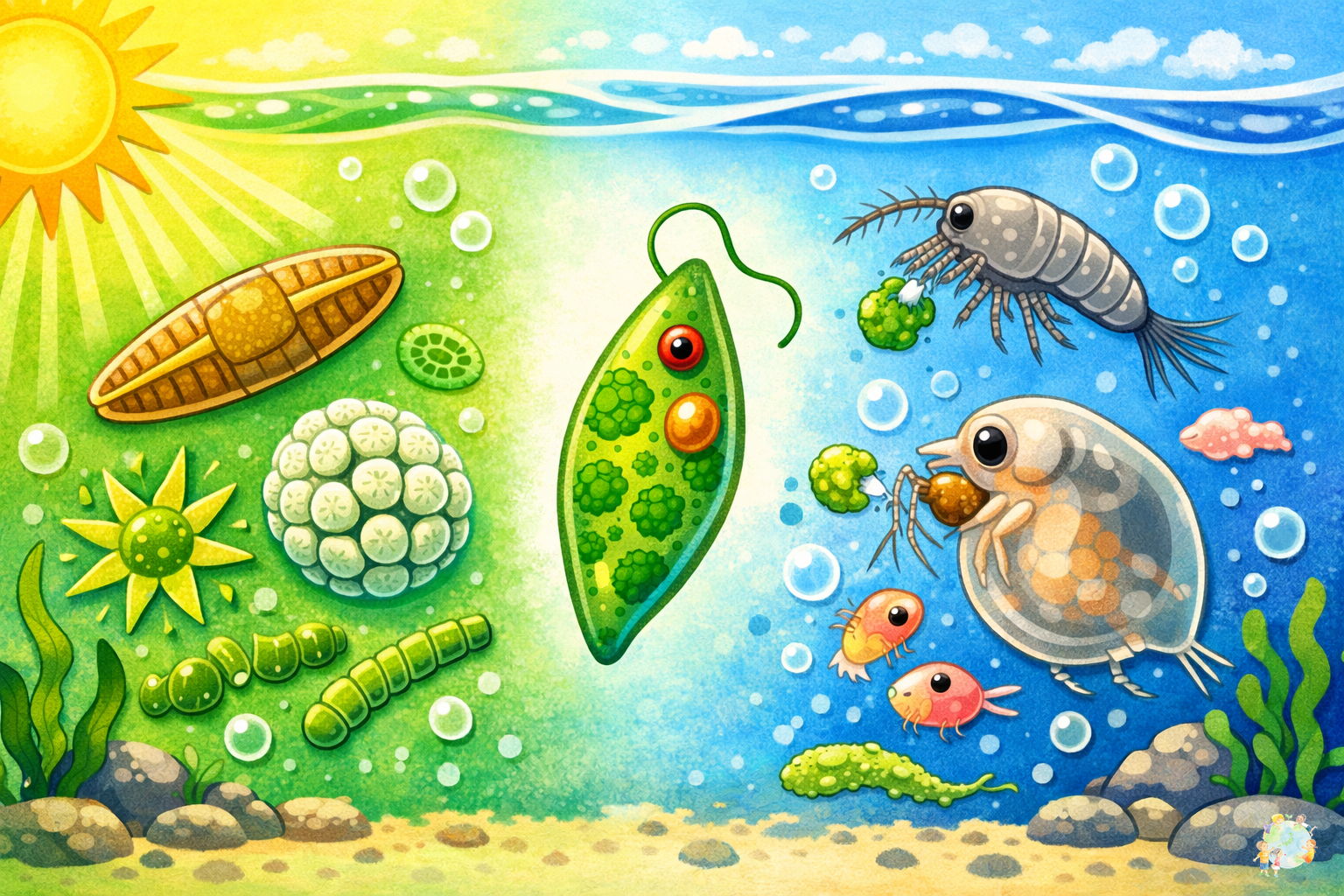 植物プランクトンと動物プランクトンの違いを示すイラスト