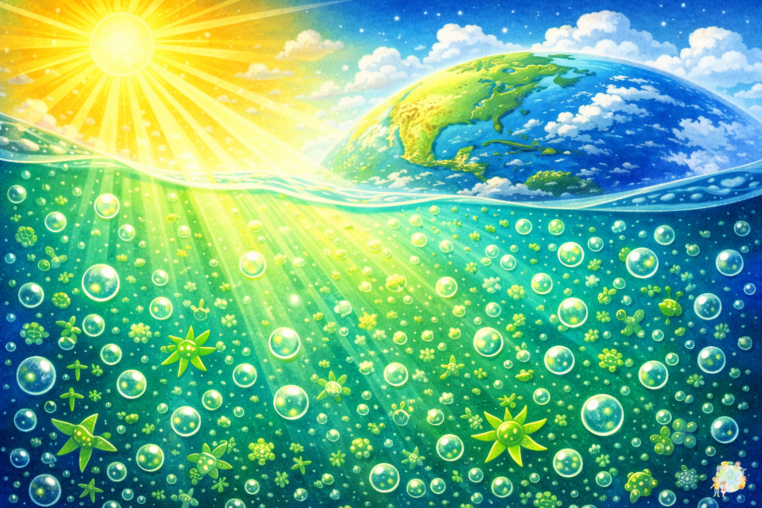 植物プランクトンが海の中で光合成をして酸素を作っているイラスト