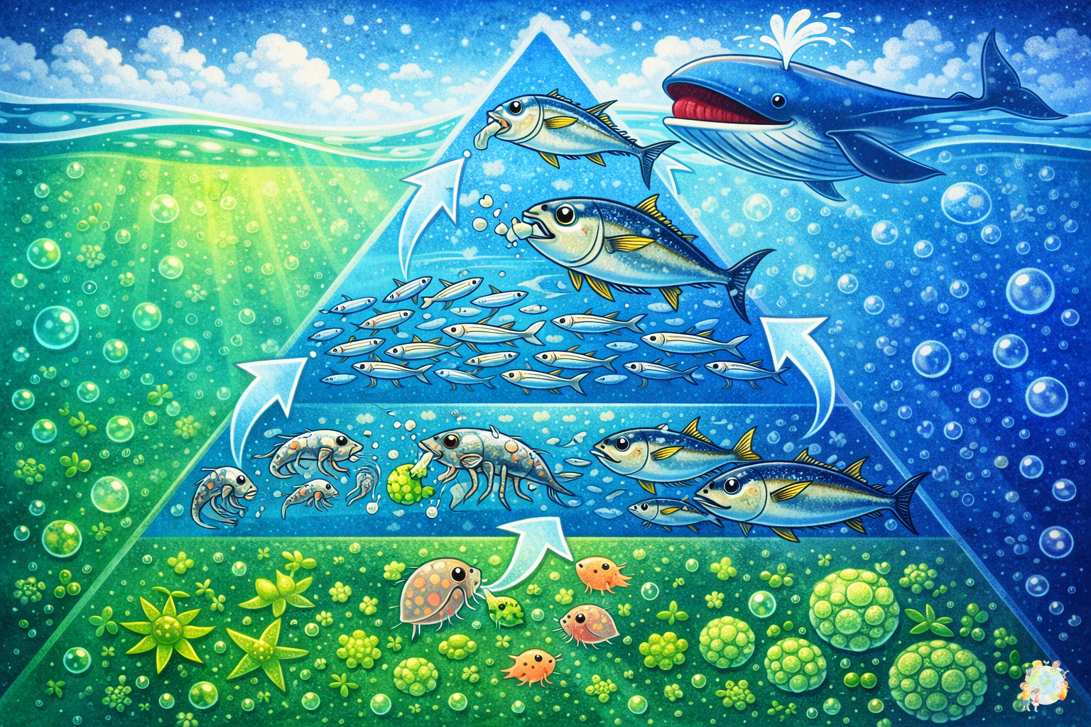 プランクトンから始まる海の食物連鎖ピラミッドのイラスト