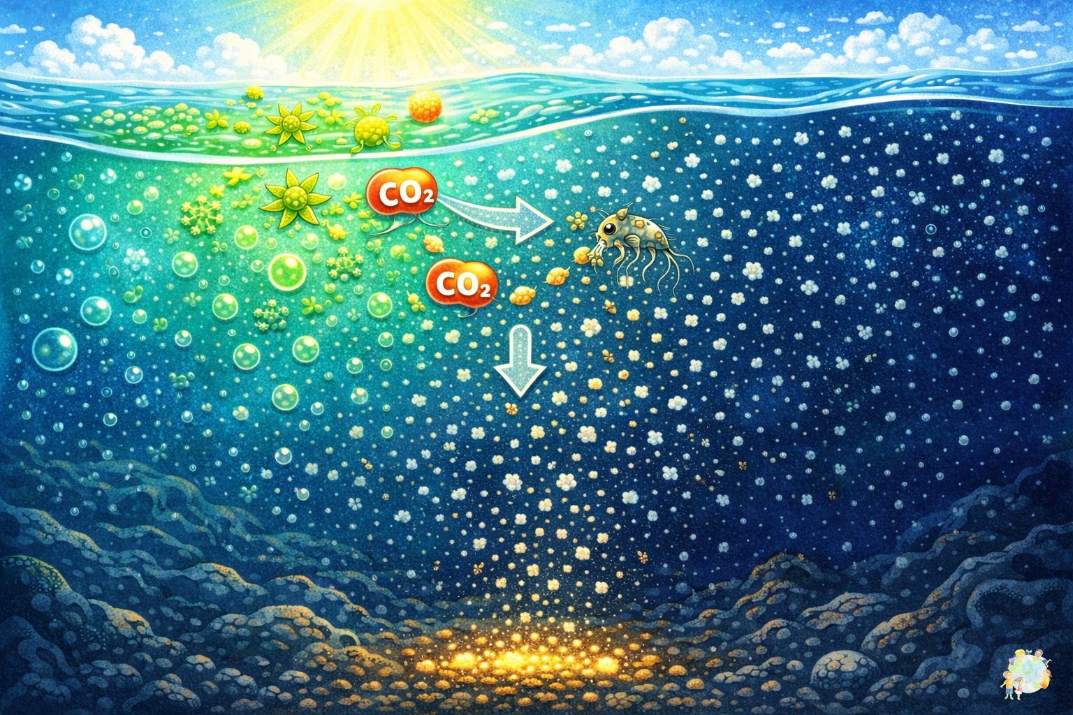 プランクトンによる生物ポンプのしくみを示すイラスト：表層から深海への炭素輸送