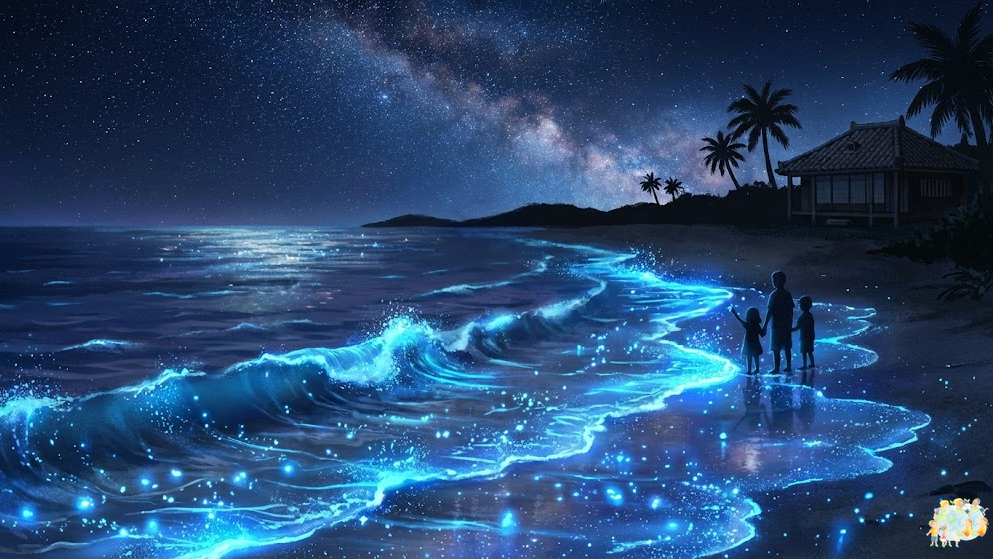 夜光虫によって青く光る海の幻想的なイラスト