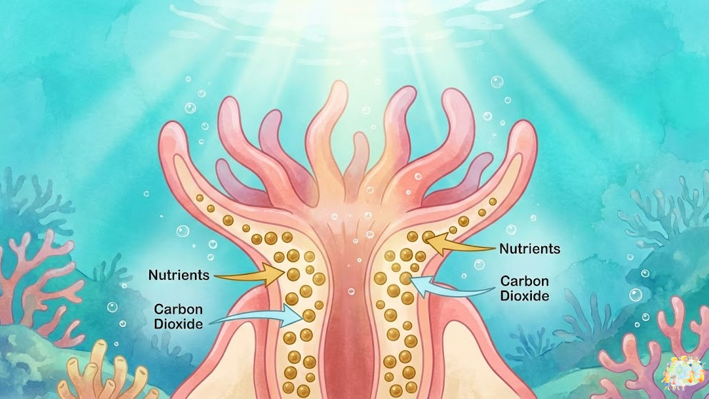 サンゴの中に共生する褐虫藻のイラスト：サンゴと植物プランクトンの関係